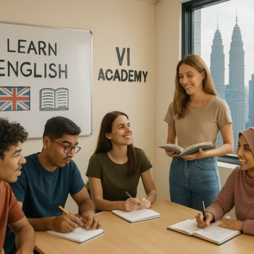 Students practice speaking in pairs, practicing conversational English under the guidance of their native-speaking teacher